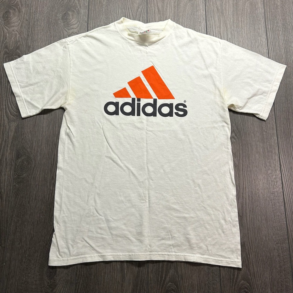 Vintage 90s Adidas Logo T-Shirt Mens Small White Orange Made in USA Graphic Tee